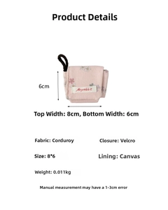 Pink floral corduroy mini pouch detail with Velcro closure and Mayrabbit fabric label