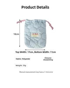 Quilted polyester camera bag dimensions showing 18cm height and 17cm width with drawstring