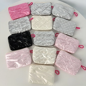 Glossy PU Leather Quilted Heart Bowknot Pattern Coin Purse Small Makeup Storage Pouch With Wrist Strap For Women Girls