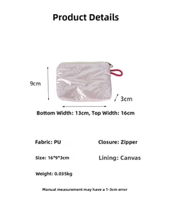 Pink glossy PU makeup bag with bow quilting, 16x9x3cm size details shown on white background