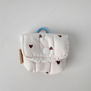 Quilted floral earphone case with brown heart patterns and white lace trim detail