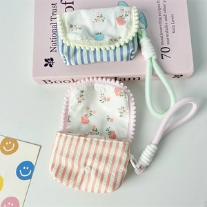 Floral striped fabric storage pouch with wrist strap for earphones and coins