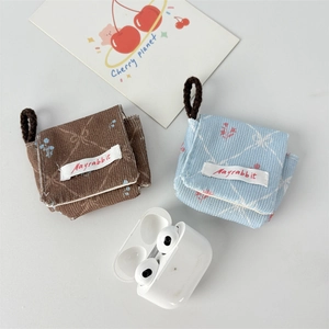 Corduroy quilted floral earphone pouch with embroidery and lanyard ring attachment