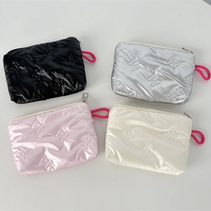 Ins style glossy PU makeup bags with quilted bow pattern and vibrant pink lanyards