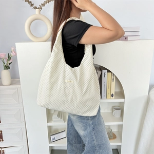Polka Dot Tote Bag Cotton Linen Large Capacity Underarm Shoulder Bag Casual Minimalist Slouchy Vest Style For Women