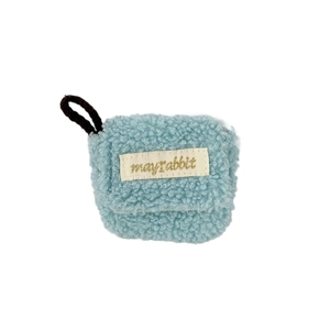 Plush light blue lamb wool protective earphone case with woven strap and logo label
