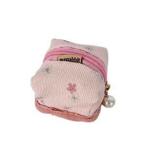 Pink corduroy floral earphone case with a pearl zipper pendant and zip closure