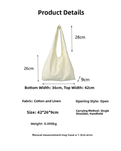 Detailed size chart for beige polka dot cotton linen tote bag with dimension labels