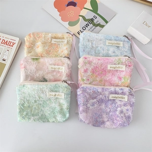Floral Coin Purse Plush Fabric Zippered Makeup Bag Portable Lipstick Pouch Sweet Lace Style For Women Daily Travel