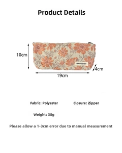 Detail view of floral jacquard makeup bag with zipper and logo, 19x10x4cm size