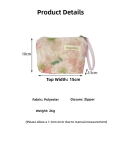 Detailed view of floral lace makeup pouch showing dimensions and light pink polyester fabric