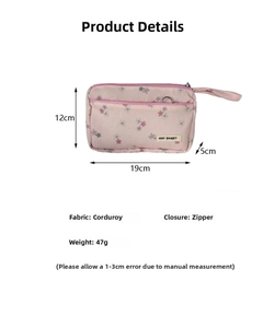Pink floral corduroy pencil case detail showing dimensions 19x12x5cm and carry handle
