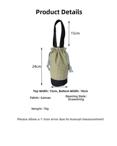 Detail showing canvas water bottle bag dimensions with green plaid and denim patchwork