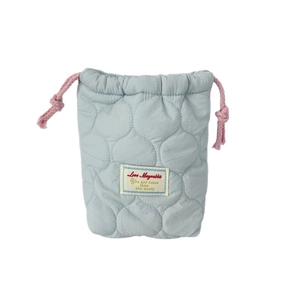 Light blue quilted camera drawstring pouch with pink cords and decorative logo label