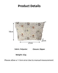 Détails de la trousse de maquillage matelassée crème avec motif ours et dimensions
