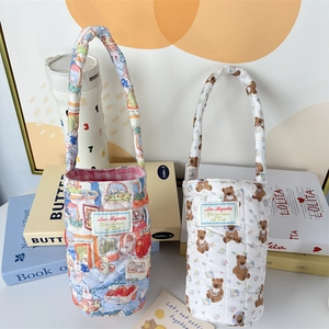 Quilted printed fabric cup holder bag with soft cotton insulation and cartoon bear patterns