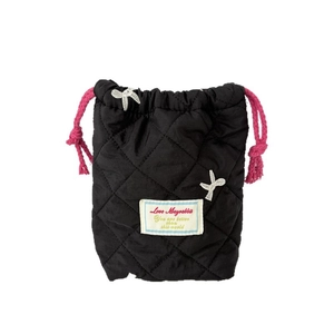 Trousse cosmétique matelassée à cordon noire avec cordons roses et broderie blanche