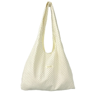 Minimalist polka dot canvas tote bag with large capacity and logo patch on white background