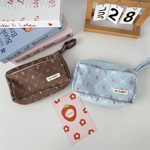 Double-layer corduroy pencil case with floral diamond pattern and carry handle