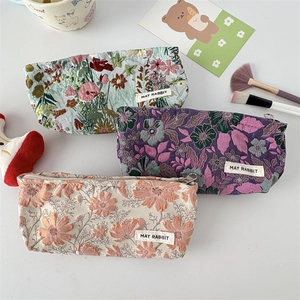 French relief floral jacquard makeup bags in green, purple and orange with zipper