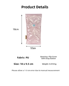 Detailed view of pink quilted PU leather pouch with bow texture and metal snap button
