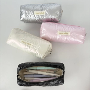 Quilted bow pencil case set in silver, pink, white and black colors with large capacity