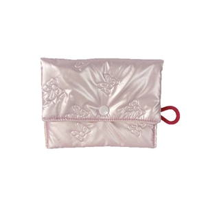 Quilted pink pearlescent pouch with bow embroidery and snap closure on white background