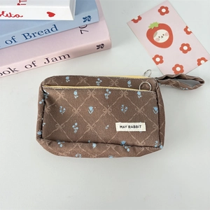 Detail of corduroy pencil case with blue floral pattern, diamond mesh, and handle