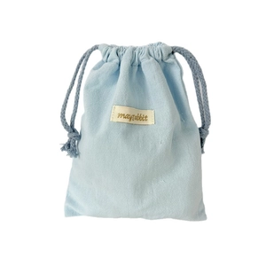 Light blue crepe fabric storage bag with drawstring and mayrabbit brand tag