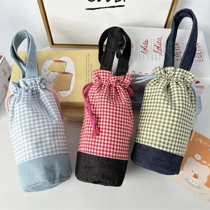Checkered canvas cup holder bags with drawstring closure and sturdy carry handles