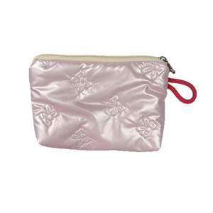 Quilted light pink makeup bag with bow texture, puffy design and zipper closure