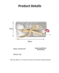 Silver PU quilted pencil case with bow closure, size 18x9cm, weighing 28g for stationery