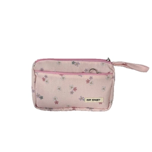 Pink floral corduroy pencil case with double layers and portable handle for students