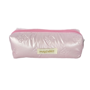 Pink puffy pencil case with bow embossing and zip closure for school stationery