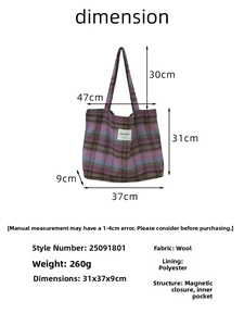 Detailed size specifications for the purple plaid woolen tote bag with magnetic closure