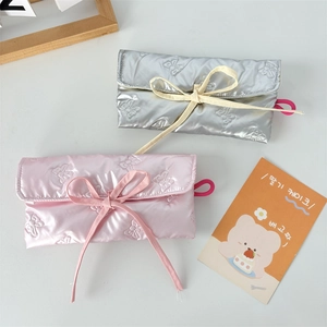 Quilted bow pencil cases in pink and silver satin with large capacity storage