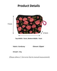 Pochette de maquillage en velours côtelé avec roses roses et passant pour dragonne