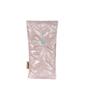 Pink glossy butterfly textured soft padded pouch with blue button and side label
