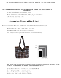 Plaid tote bag size chart comparing dimensions with 9.7-inch iPad and mobile phone
