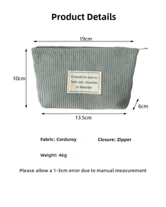 Detailed size chart for corduroy cosmetic bag with 19x10cm dimensions and zipper