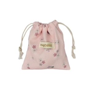 Pink floral corduroy drawstring storage bag with cute print and woven label