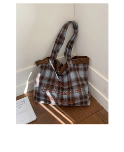 Detail of blue plaid wool tote bag with coffee embroidery and brown corduroy trim