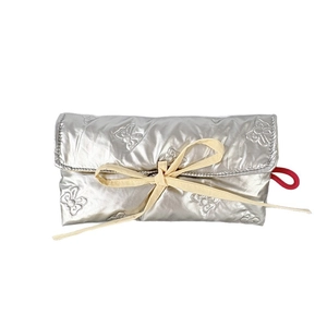 Quilted silver bow pencil case with ribbon closure and large storage capacity