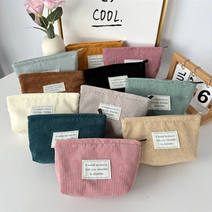 Cosmetic Bag Corduroy Toiletry Makeup Pouch Large Capacity Portable Zipper Closure Solid Color Korean Ins Style For Women