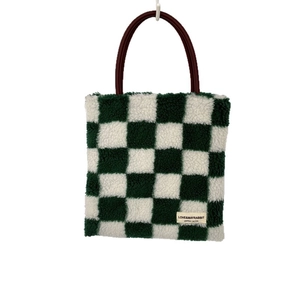 Sac cabas à damier vert et crème en peluche avec poignées en cuir pour automne et hiver