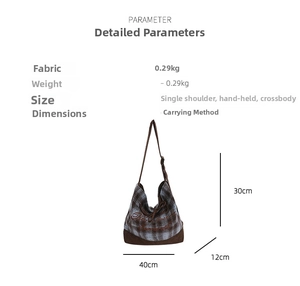 Detailed dimensions of the brown plaid canvas tote bag with adjustable strap parameters