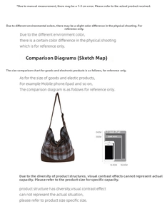 Brown and blue checkered tote bag size comparison with iPad showing 24cm height