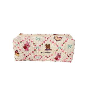 Trousse scolaire matelassée avec motifs lapins et ours mignons en couleur crème