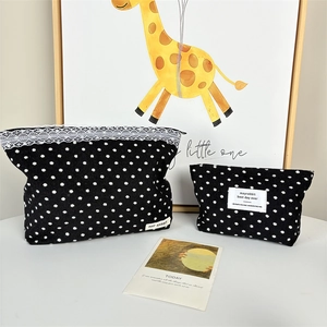 Polka dot corduroy makeup bags set with lace trim and zipper for travel organizing