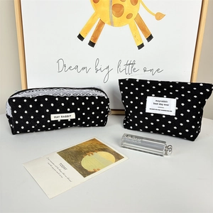 Black corduroy polka dot makeup bag set with white lace trim for travel storage